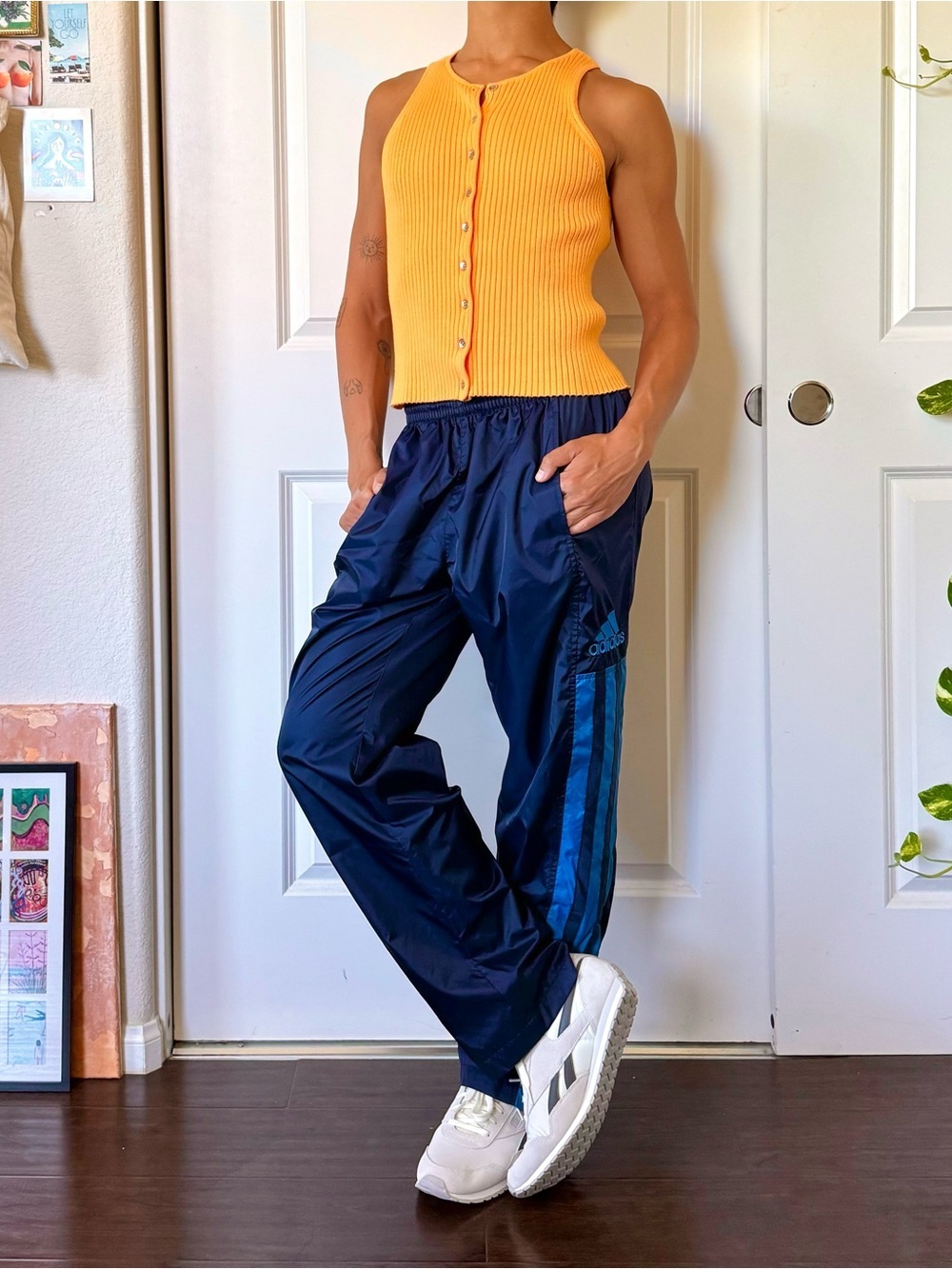 Vintage Y2K Adidas Men's Navy Nylon Track Pants with Blue Stripes